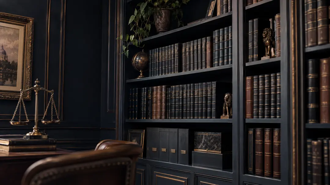Estante com volumes de arquivo e livros jurídicos