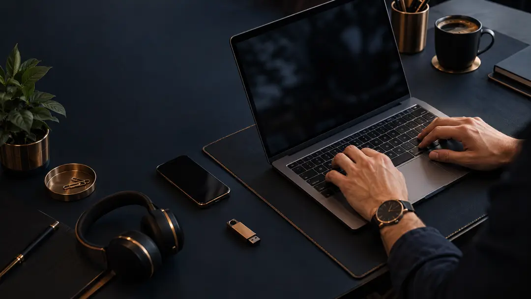 Mãos digitando em teclado de notebook com acessórios tecnológicos