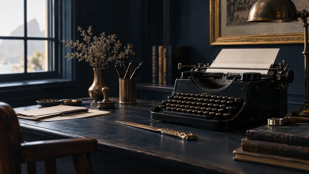 Máquina de escrever vintage com papel e acessórios