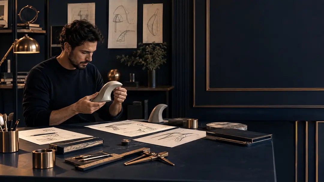 Protótipo de produto com desenhos e instrumentos de medição